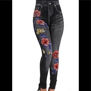 Denim-Like Stretch Leggings, Floral Print Sm/Med